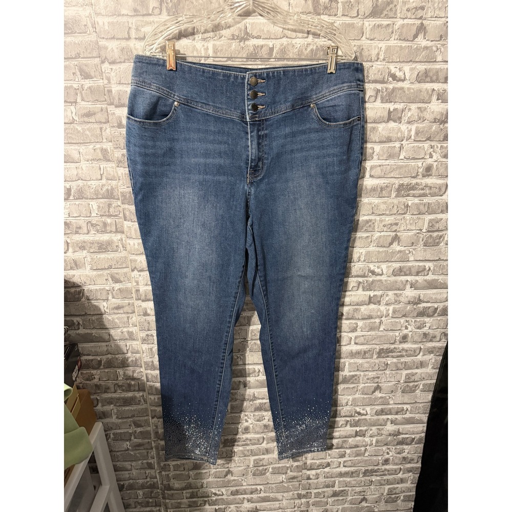 Lane Bryant Womens High Rise Skinny Jeans Rhinestone Ankle Medium Wash Blue 18